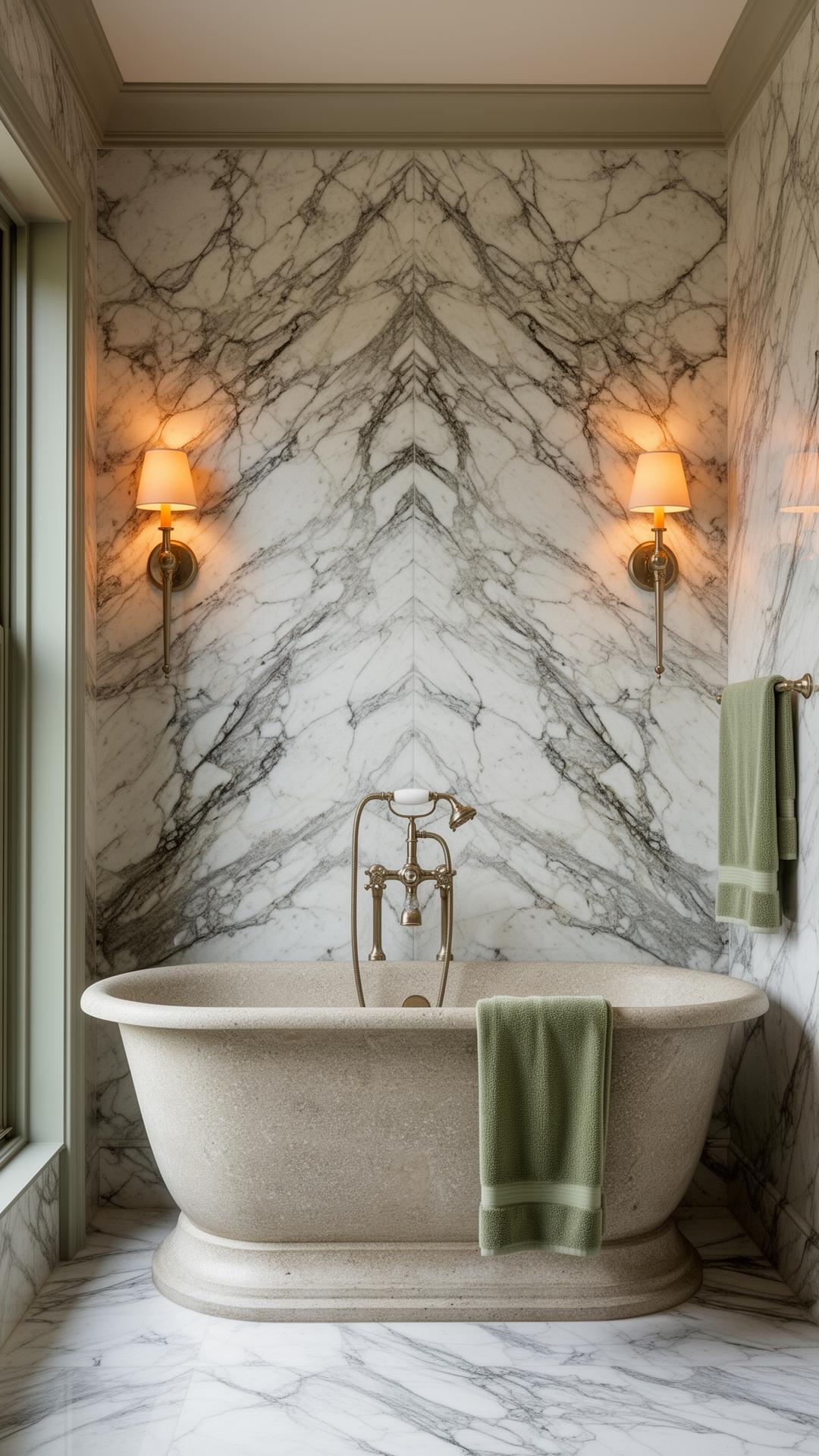 Wellesley Island Primary Bath Suite — Heated marble floors, honed slab vanity, brass fixtures, custom millwork